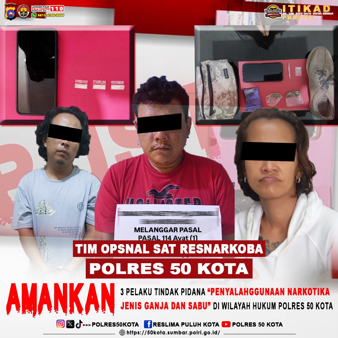 TERTANGKAP LAGI !  SATRESNARKOBA POLRES 50 KOTA BERHASIL AMANKAN TIGA PELAKU PENYALAHGUNAAN NARKOTIKA DI KECAMATAN HARAU — DUA PELAKU MERUPAKAN PASANGAN SUAMI ISTRI